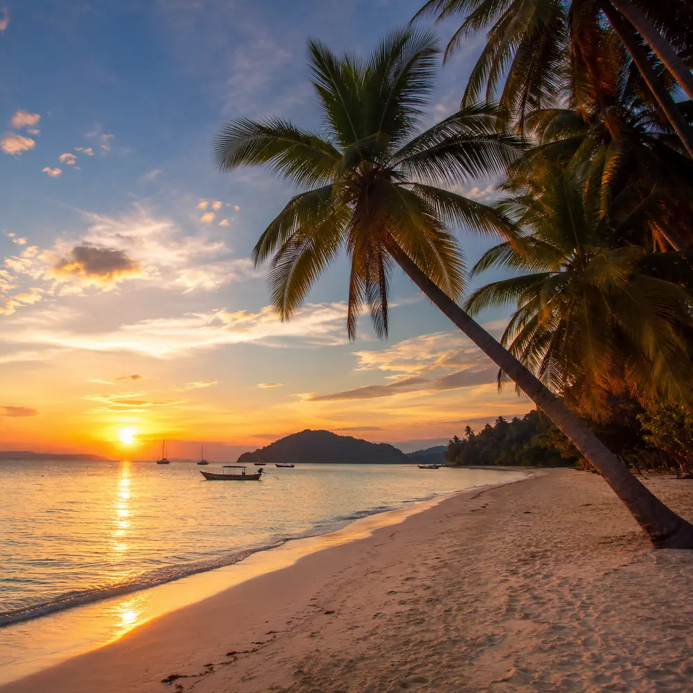 Travellers overlooking tropical Malaysia hills and coastline